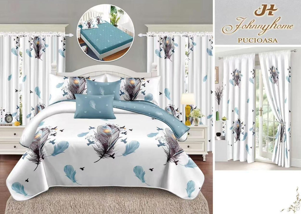 Seturi Lenjerii de Pat si Draperii Bumbac Finet Albe Bleu Pene BFES06