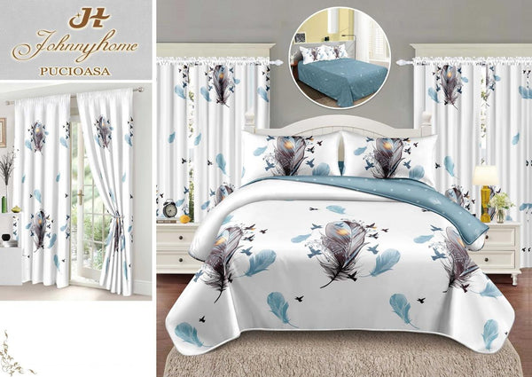 Seturi Lenjerii Pat O Persoana si Draperii Bumbac Finet Albe Bleu Pene SP06