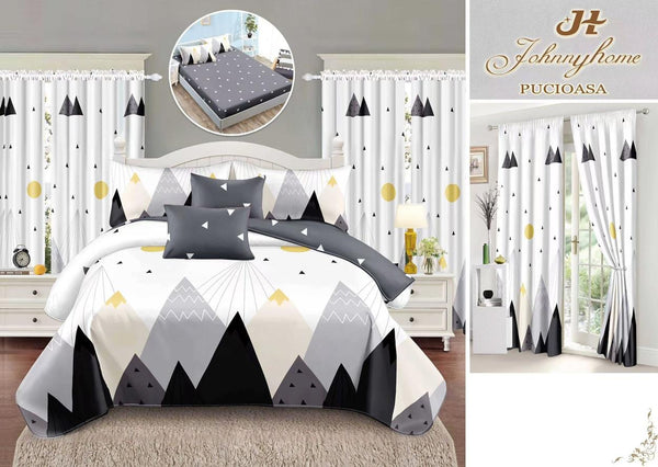 Seturi Lenjerii de Pat si Draperii Bumbac Finet Albe Gri Forme Geometrice BFES26