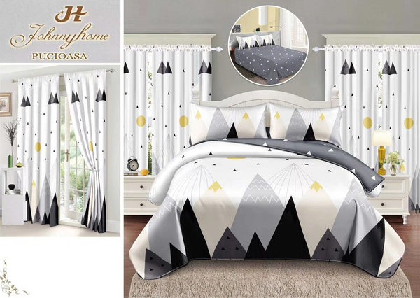 Seturi Lenjerii Pat O Persoana si Draperii Bumbac Finet Albe Gri Forme Geometrice SP26