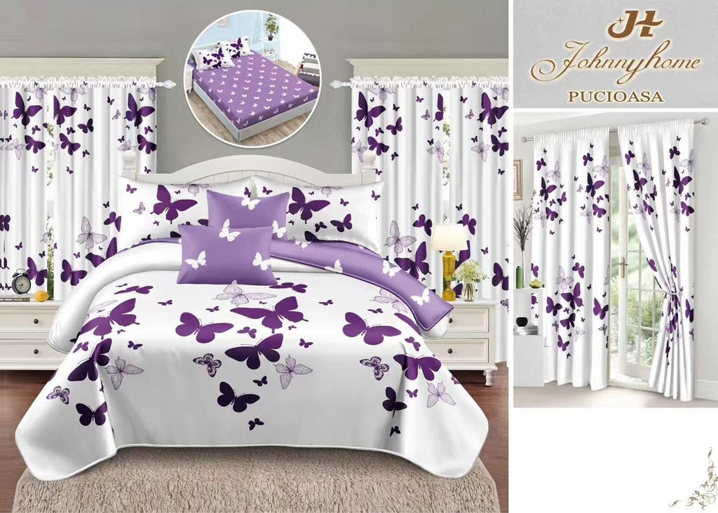 Seturi Lenjerii de Pat si Draperii Bumbac Finet Albe Mov Fluturasi BFES02