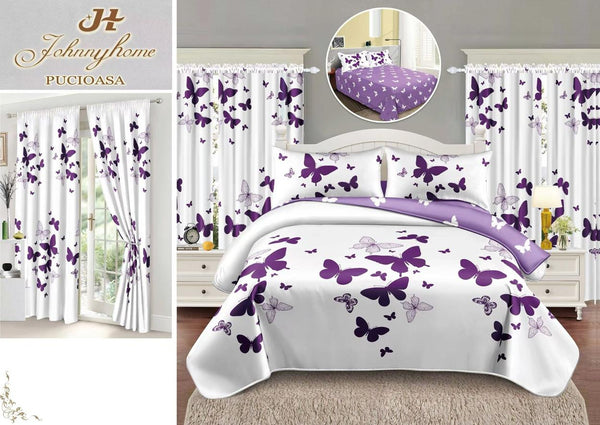 Seturi Lenjerii Pat O Persoana si Draperii Bumbac Finet Albe Mov Fluturasi SP02