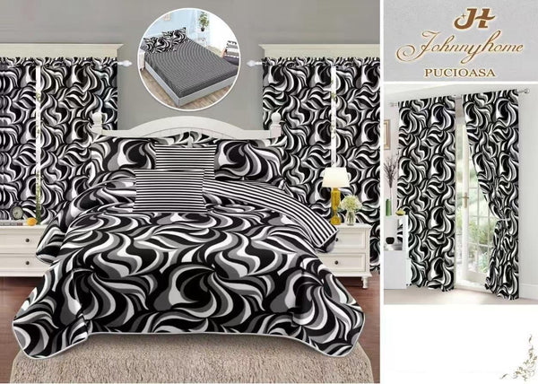 Seturi Lenjerii de Pat si Draperii Bumbac Finet Alb Negru Abstract BFES15
