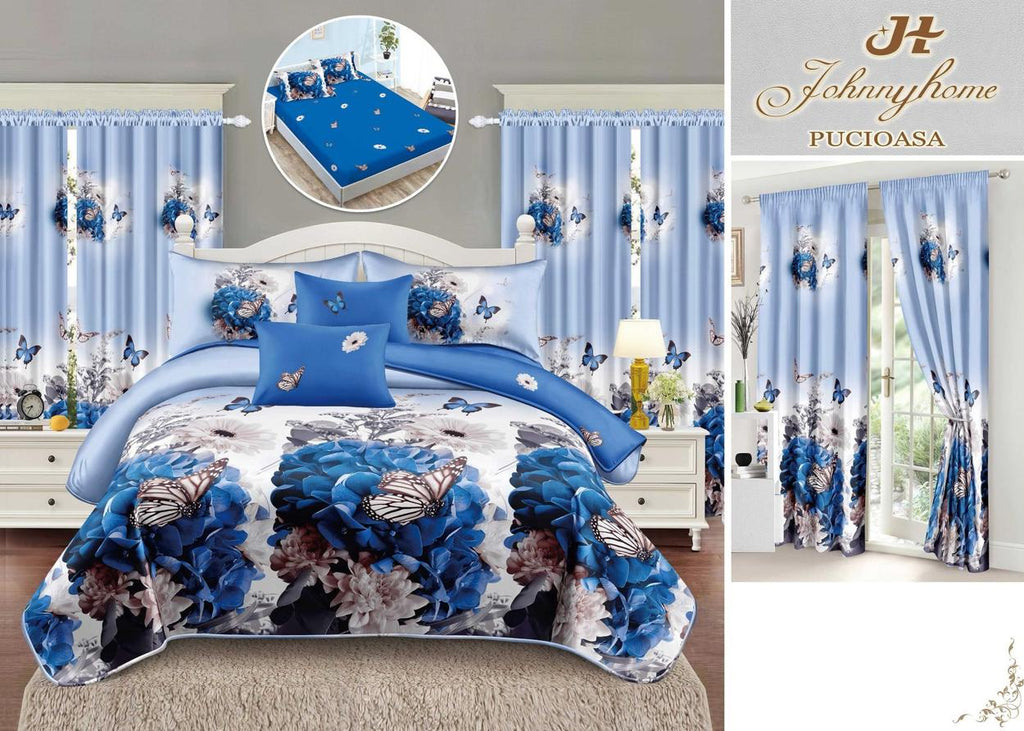 Seturi Lenjerii de Pat si Draperii Bumbac Finet Albastre Floral BFES24