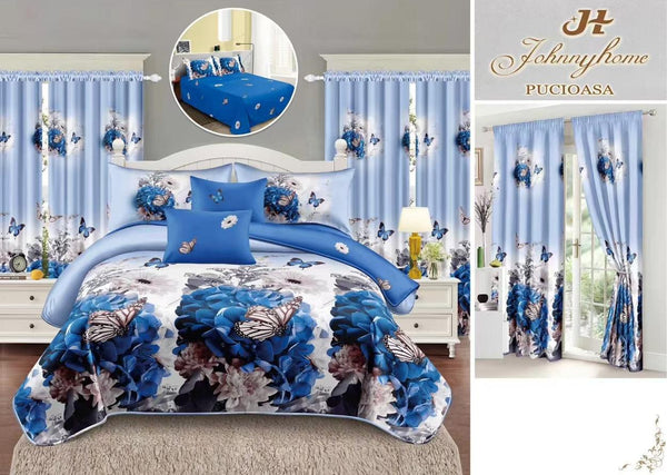 Seturi Lenjerii de Pat si Draperii Bumbac Finet Albastre Floral BFS24