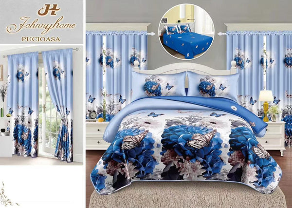 Seturi Lenjerii Pat O Persoana si Draperii Bumbac Finet Albastre Floral SP24