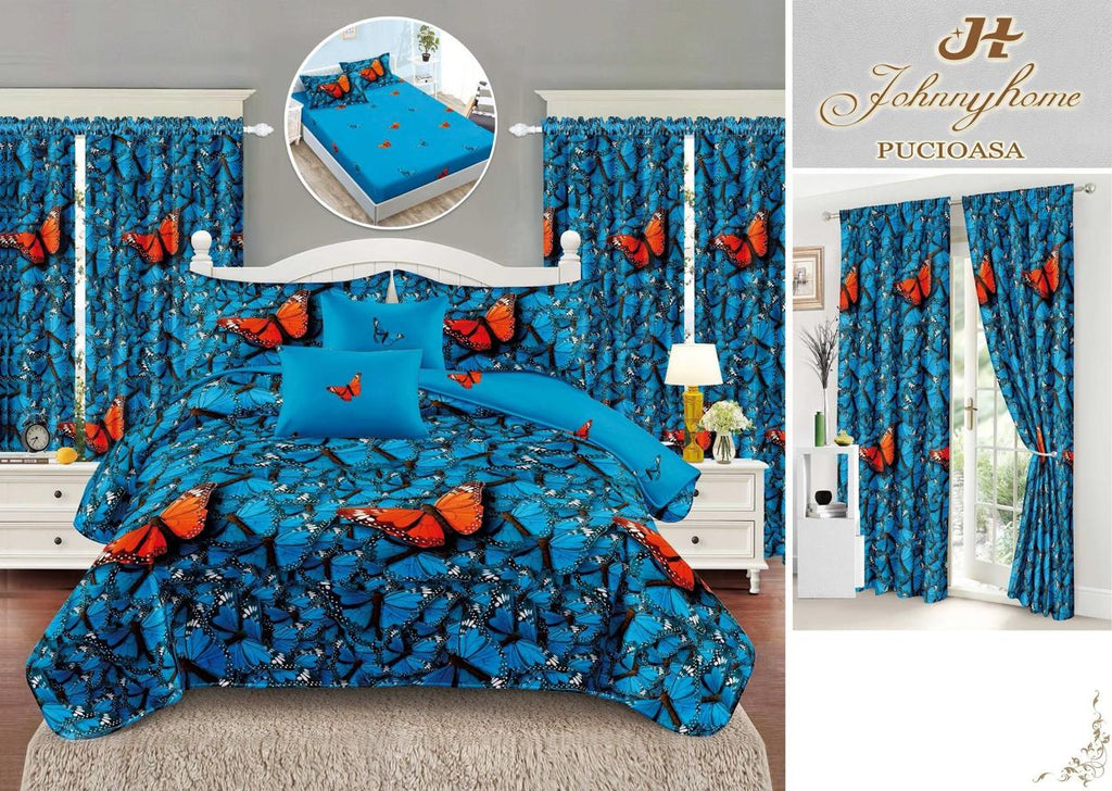 Seturi Lenjerii de Pat si Draperii Bumbac Finet Albastre Fluturasi BFES22