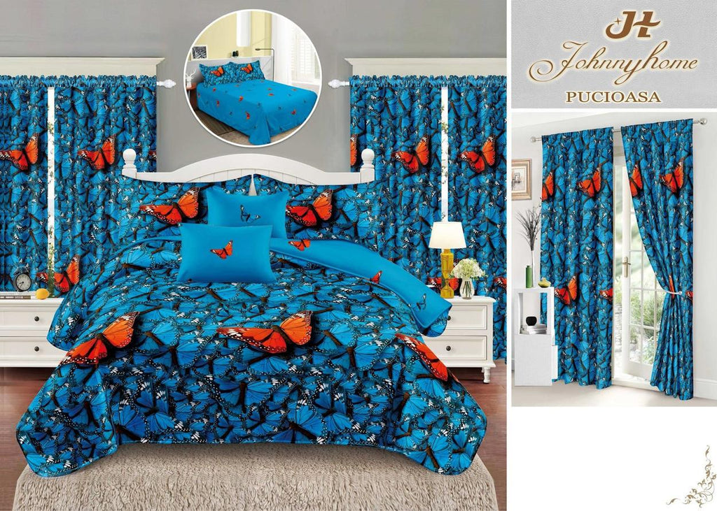 Seturi Lenjerii de Pat si Draperii Bumbac Finet Albastre Fluturasi BFS22