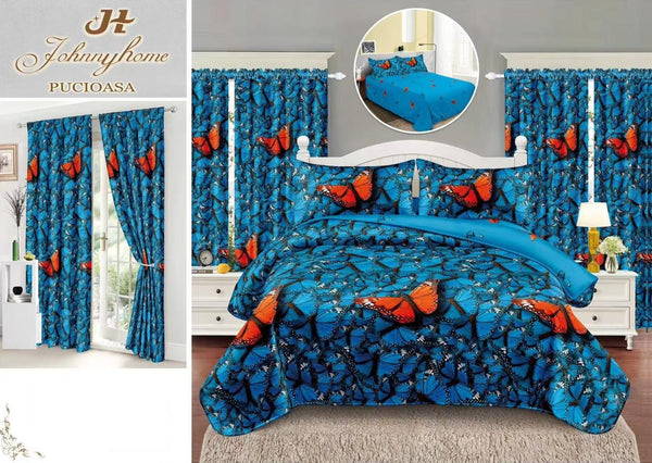 Seturi Lenjerii Pat O Persoana si Draperii Bumbac Finet Albastre Fluturasi SP22