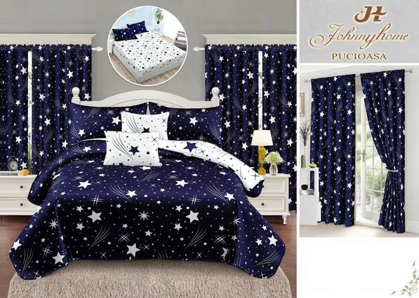 Seturi Lenjerii de Pat si Draperii Bumbac Finet Albastre Stelute BFES07