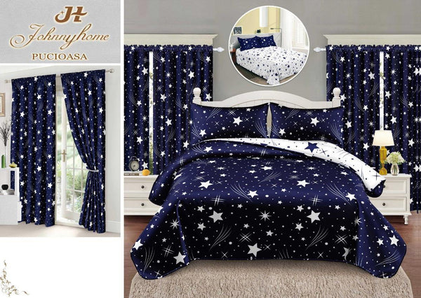 Seturi Lenjerii Pat O Persoana si Draperii Bumbac Finet Albastre Stelute SP07