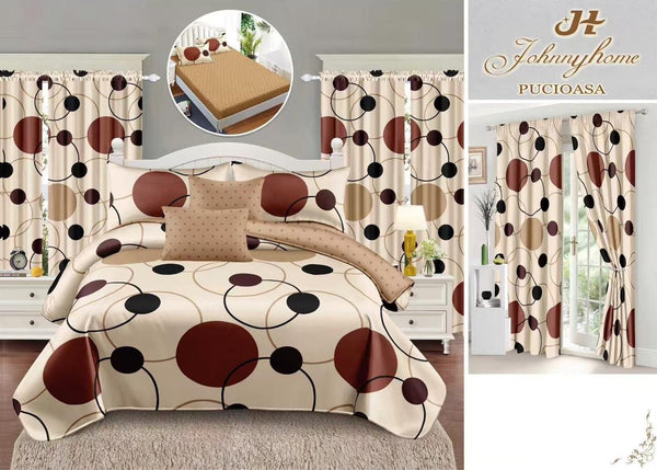 Seturi Lenjerii de Pat si Draperii Bumbac Finet Bej Geometric BFES08