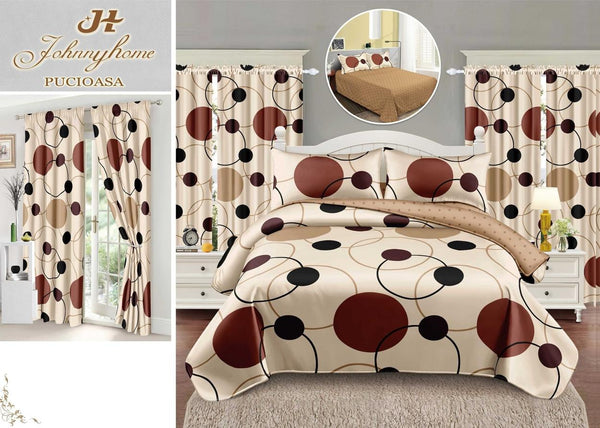 Seturi Lenjerii Pat O Persoana si Draperii Bumbac Finet Bej Geometric SP08