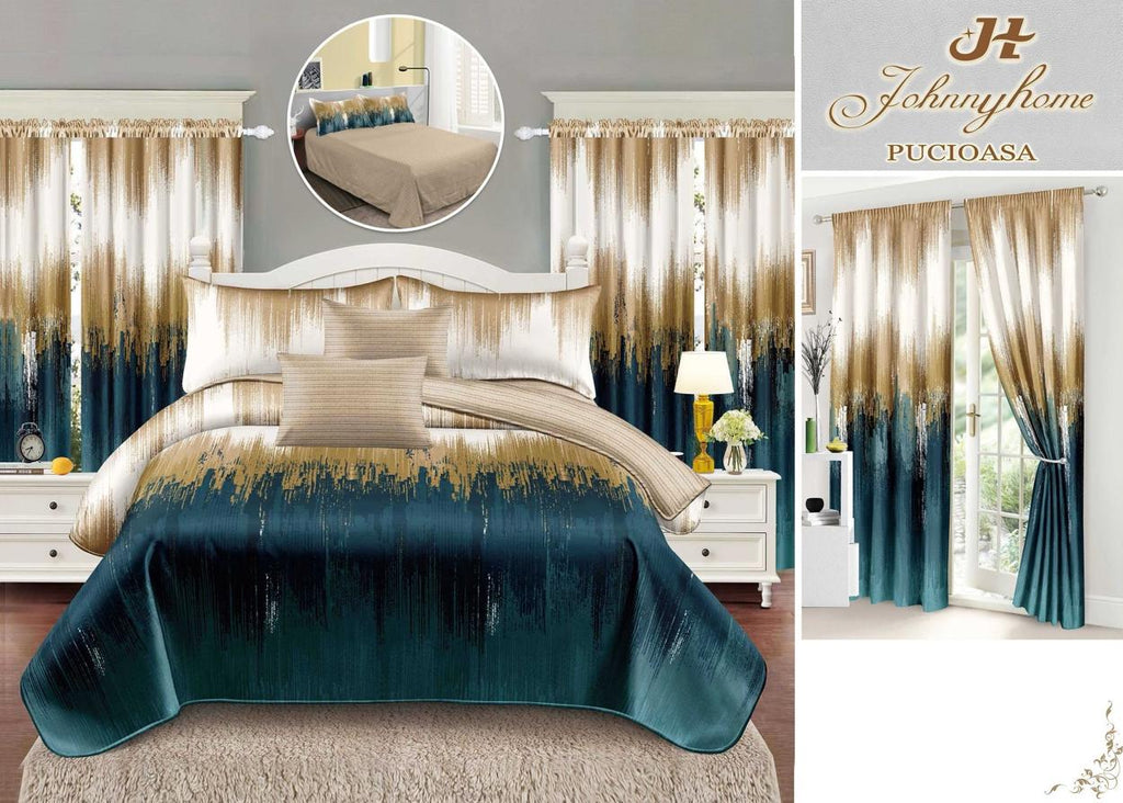 Seturi Lenjerii de Pat si Draperii Bumbac Finet Turcoaz Bej Abstract BFS25