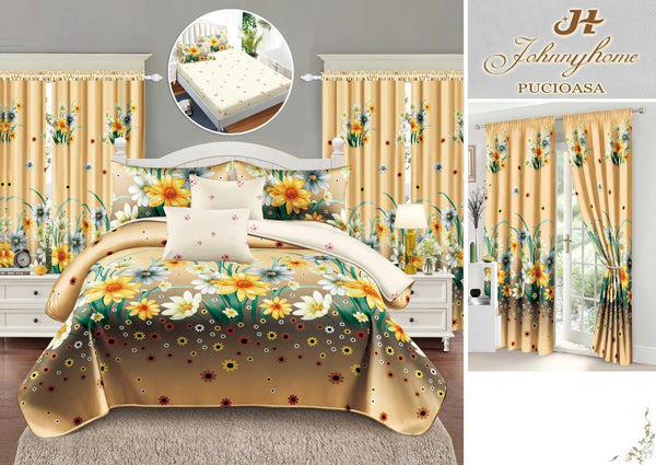 Seturi Lenjerii de Pat si Draperii Bumbac Finet Galbene Floral BFES18