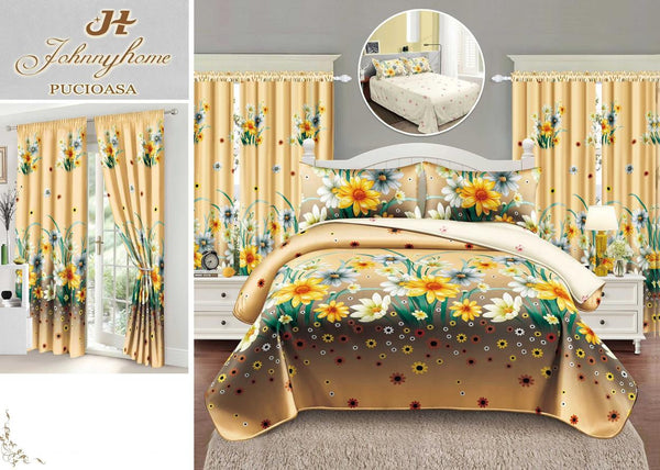Seturi Lenjerii Pat O Persoana si Draperii Bumbac Finet Galbene Floral SP18