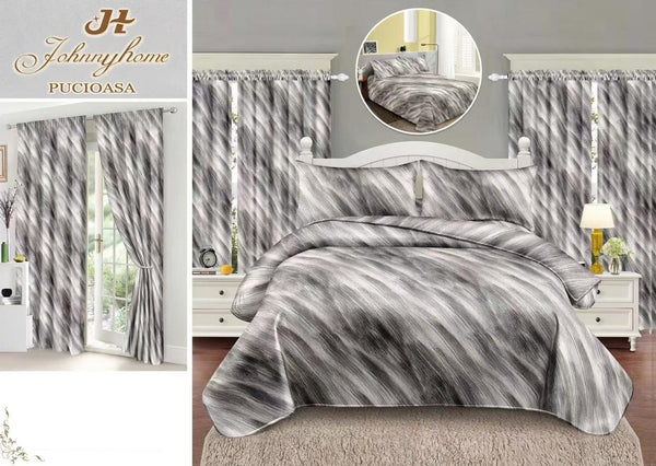 Seturi Lenjerii Pat O Persoana si Draperii Bumbac Finet Gri Abstract SP23