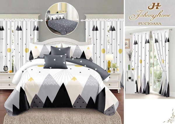 Seturi Lenjerii de Pat si Draperii Bumbac Finet Albe Gri Forme Geometrice BFS26