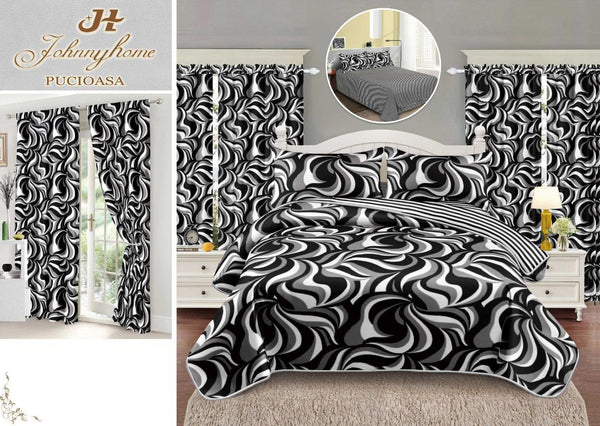 Seturi Lenjerii Pat O Persoana si Draperii Bumbac Finet Gri Negre Valuri SP15