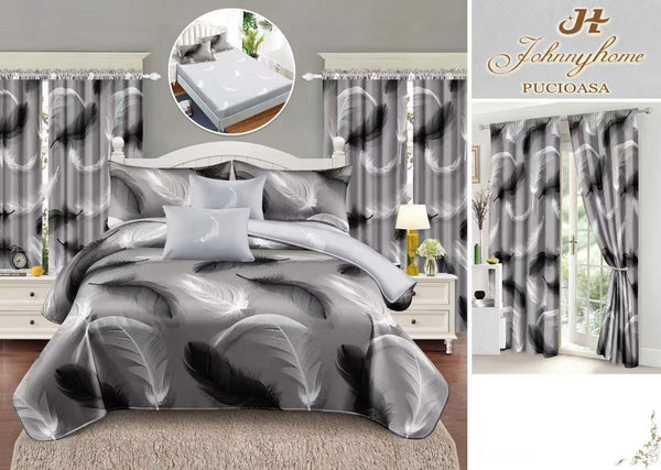 Seturi Lenjerii de Pat si Draperii Bumbac Finet Gri Pene BFES09