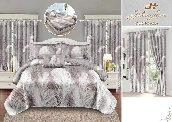 Seturi Lenjerii de Pat si Draperii Bumbac Finet Gri Pene BFES21