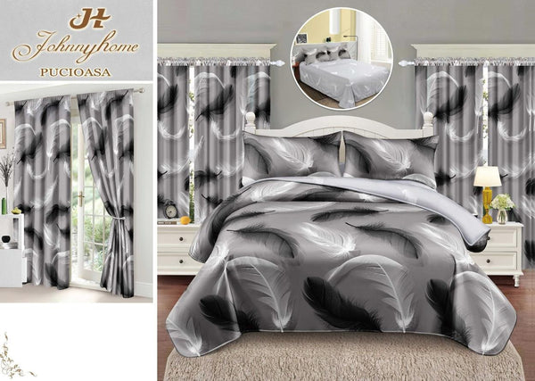 Seturi Lenjerii Pat O Persoana si Draperii Bumbac Finet Gri Pene SP09