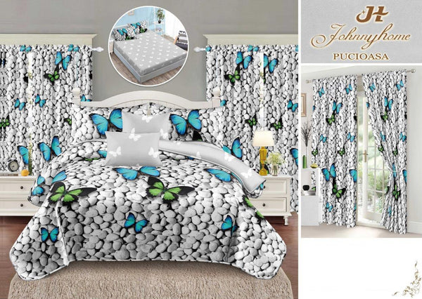 Seturi Lenjerii de Pat si Draperii Bumbac Finet Gri Fluturasi Pietre BFES14