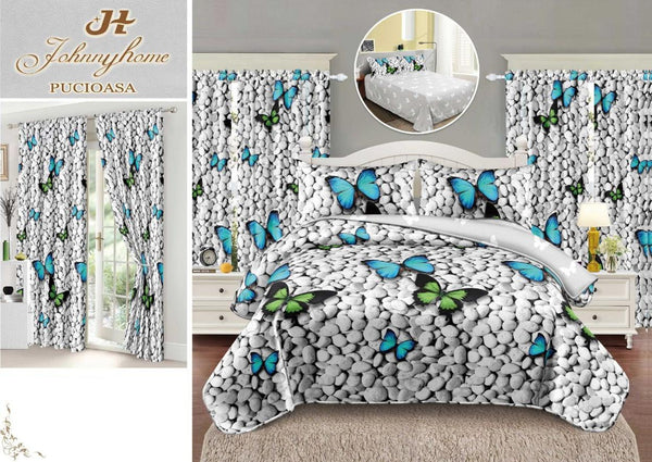 Seturi Lenjerii Pat O Persoana si Draperii Bumbac Finet Gri Fluturasi Pietre SP14