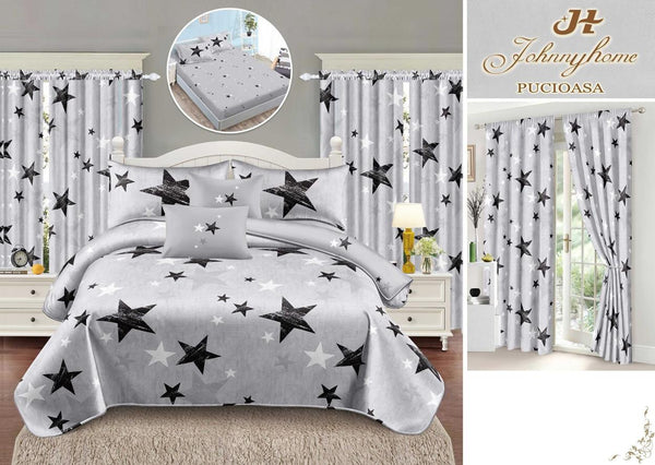 Seturi Lenjerii de Pat si Draperii Bumbac Finet Gri Stelute BFES10