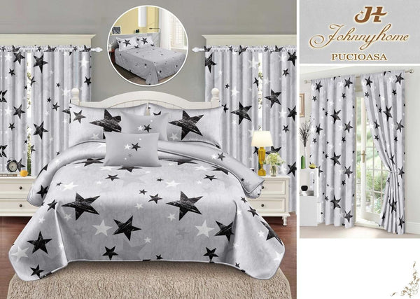 Seturi Lenjerii de Pat si Draperii Bumbac Finet Gri Stelute BFS10