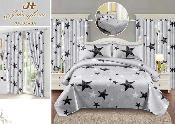 Seturi Lenjerii Pat O Persoana si Draperii Bumbac Finet Gri Stelute SP10