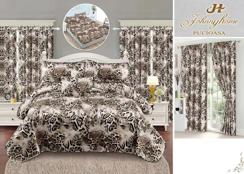 Seturi Lenjerii de Pat si Draperii Bumbac Finet Maro Leopard BFES20