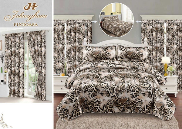 Seturi Lenjerii Pat O Persoana si Draperii Bumbac Finet Maro Leopard SP20