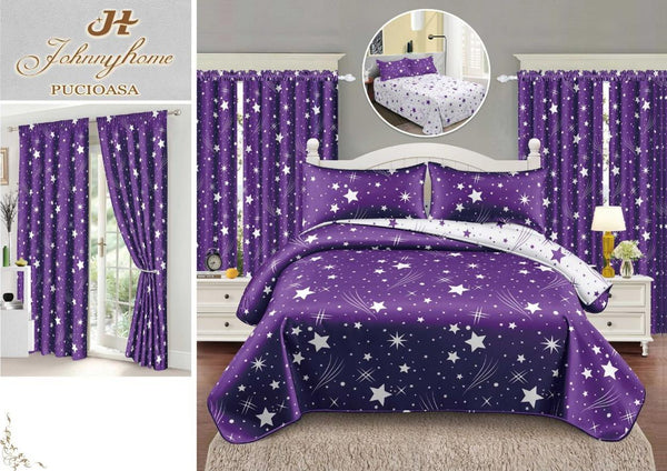 Seturi Lenjerii Pat O Persoana si Draperii Bumbac Finet Mov Stelute SP17