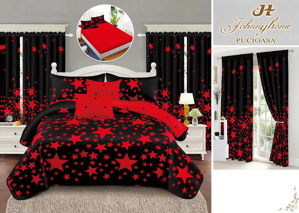 Seturi Lenjerii de Pat si Draperii Bumbac Finet Negre Stelute Rosii BFES16
