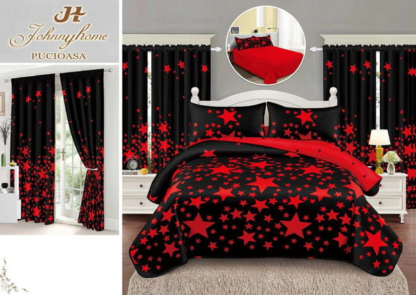 Seturi Lenjerii Pat O Persoana si Draperii Bumbac Finet Negre Stelute Rosii SP16