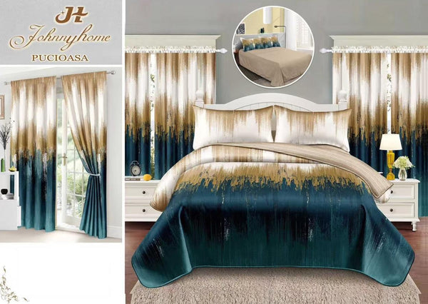 Seturi Lenjerii Pat O Persoana si Draperii Bumbac Finet Bej Verde Abstract SP25