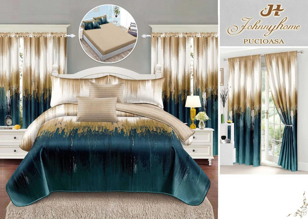 Seturi Lenjerii de Pat si Draperii Bumbac Finet Turcoaz Bej Abstract BFES25