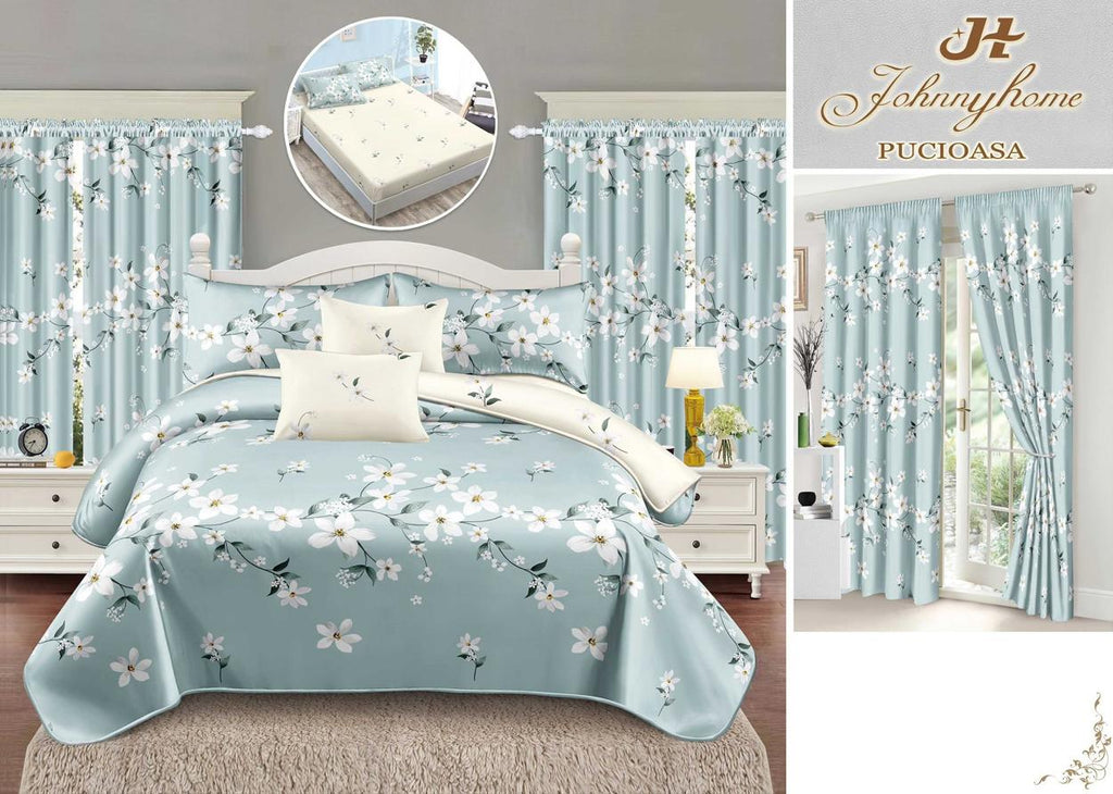 Seturi Lenjerii de Pat si Draperii Bumbac Finet Verde Deschis Floral BFES11
