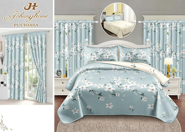 Seturi Lenjerii Pat O Persoana si Draperii Bumbac Finet Verde Deschis Floral SP11