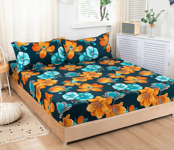 Huse cu Elastic Bumbac Satinat Pat Dublu Albastre Galbene Floral CF19