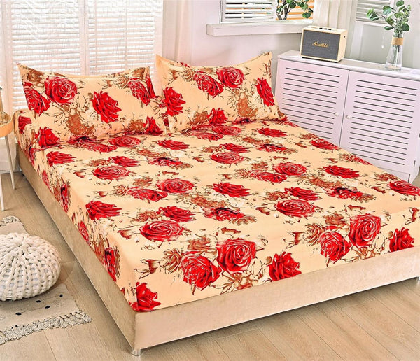 Huse cu Elastic Bumbac Satinat Pat Dublu Rosu Floral CF10