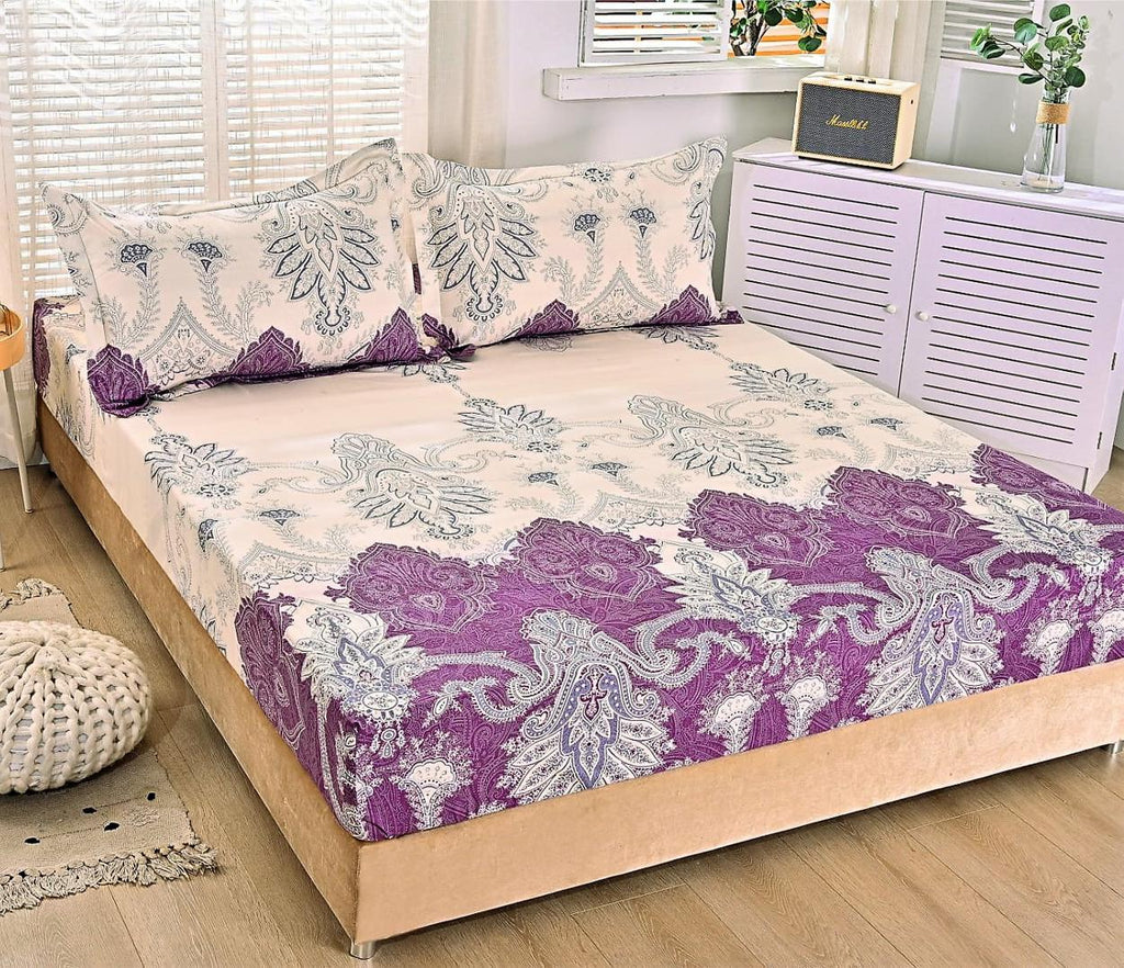 Huse cu Elastic Bumbac Satinat Pat Dublu Crem Mov Oriental CF15