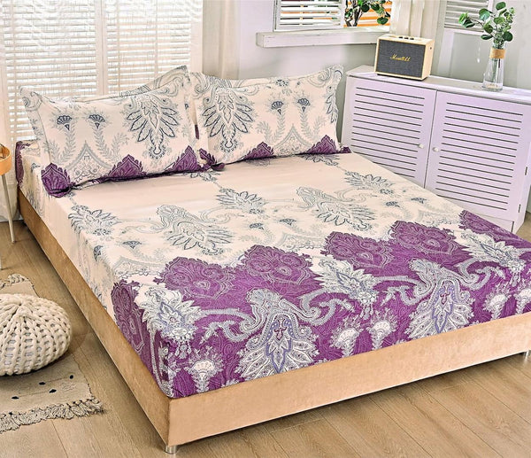 Huse cu Elastic Bumbac Satinat Pat Dublu Crem Mov Oriental CF15