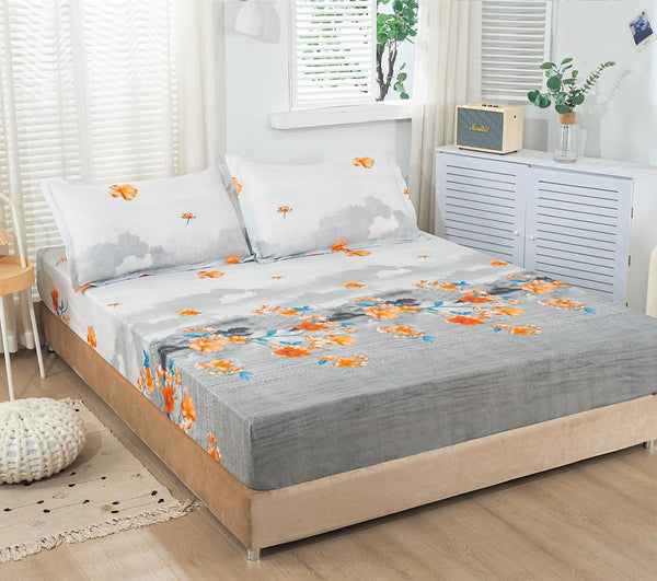 Huse cu Elastic Bumbac Satinat Pat Dublu Gri Floral CF16