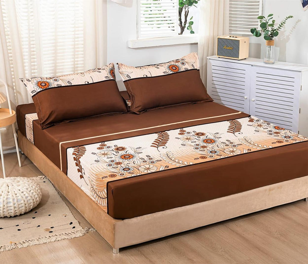 Huse cu Elastic Bumbac Satinat Pat Dublu Maro Crem Floral CF23