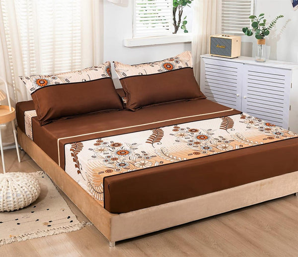 Huse cu Elastic Bumbac Satinat Pat Dublu Maro Crem Floral CF23