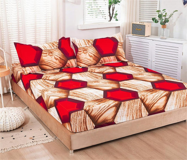 Huse cu Elastic Bumbac Satinat Pat Dublu Rosii Maro Geometric CF21