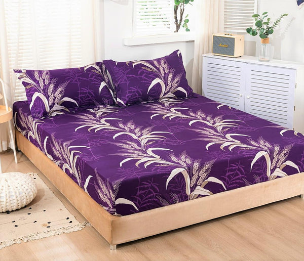 Huse cu Elastic Bumbac Satinat Pat Dublu Mov Frunze CF28