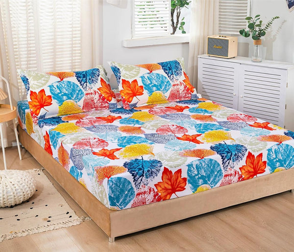 Huse cu Elastic Bumbac Satinat Pat Dublu Multicolor Frunze CF34